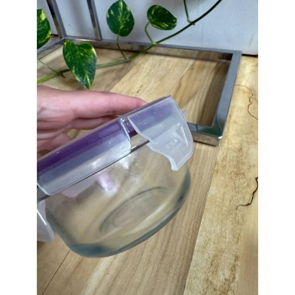Snapware purple plastic lid with glass ware